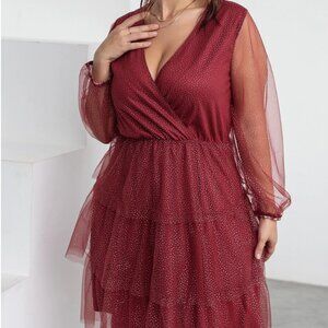 ✨ SHEIN Curve Red Sparkle Dress w/ Mesh Sleeves – 0XL